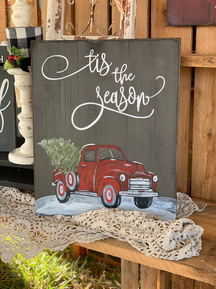 Tis the season hand painted little red vintage truck with Christmas tr