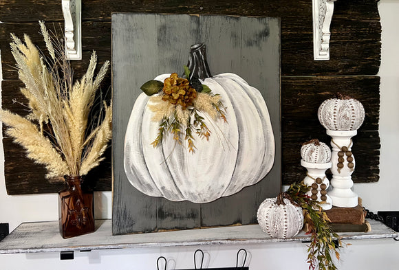 White pumpkin, fall wall decor, hand painted pumpkin sign. Neutral fall decor pumpkin cutout on wood sign