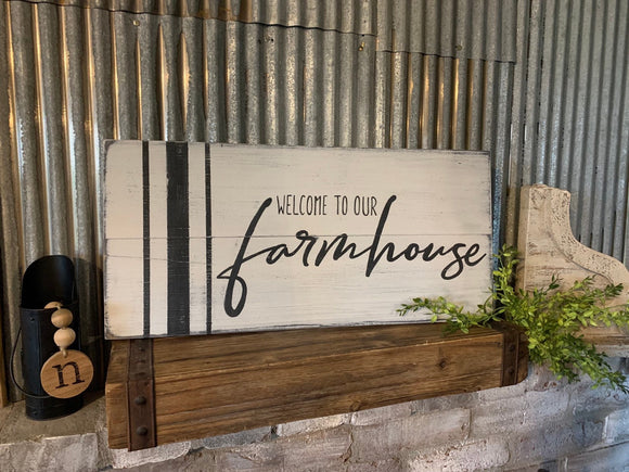 Welcome to our farmhouse, fixer upper style, rustic distressed pallet board style sign
