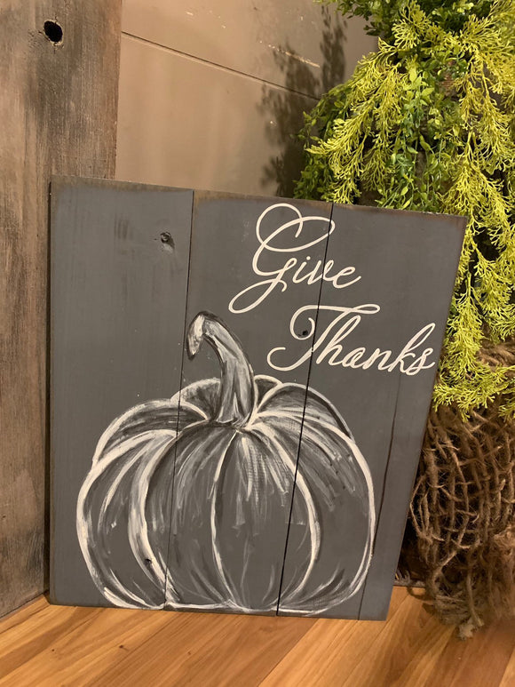 Give Thanks hand painted pumpkin neutral fall decor, rustic farmhouse style sign