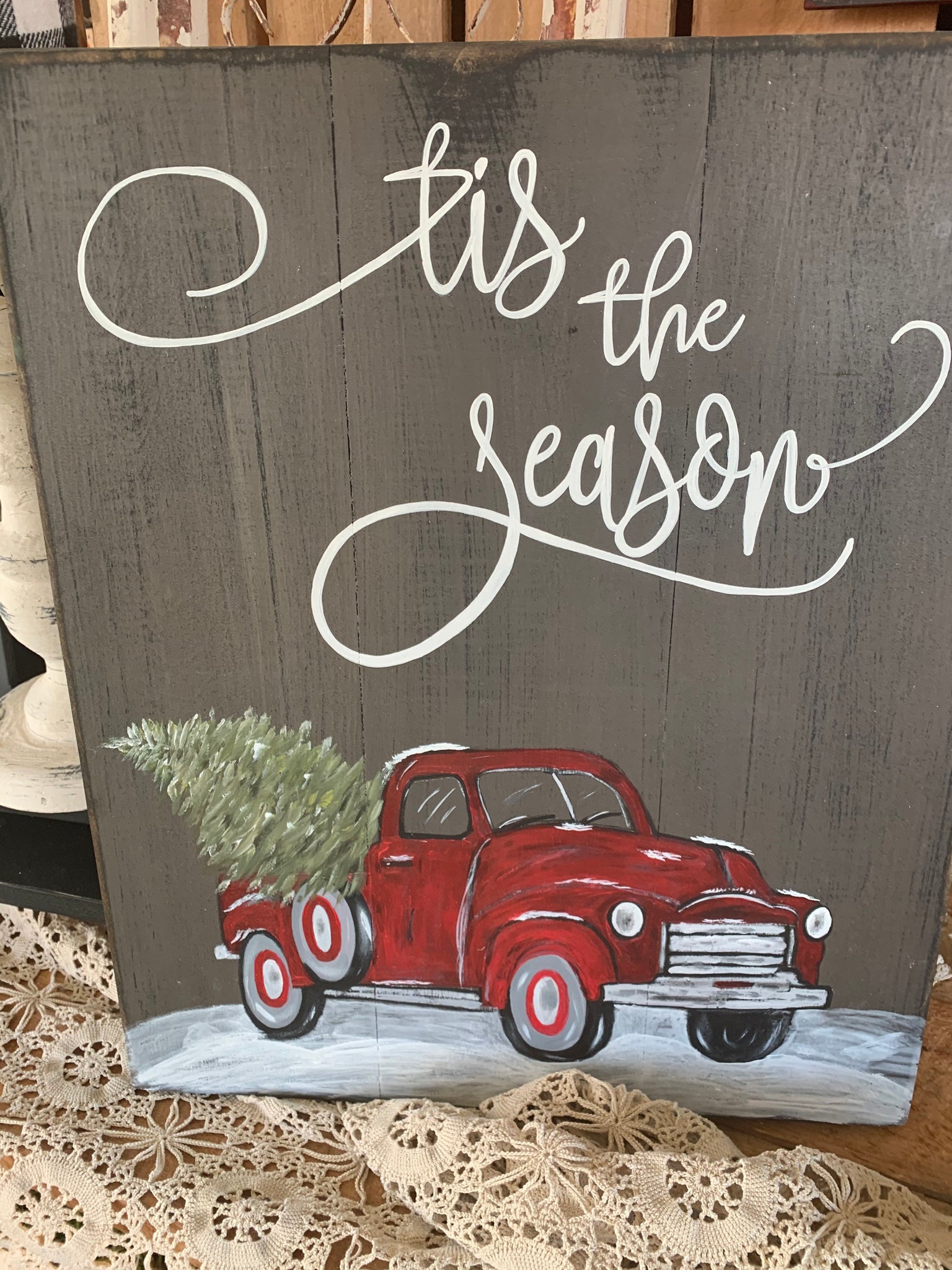 Tis the season hand painted little red vintage truck with Christmas tree  farmhouse style wood sign, porch or mantle decor